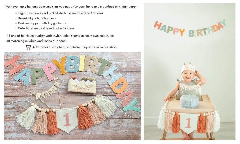 Hand Embroidered Linen Crown for Kids and Children's Birthdays, Personalized Gifts | Keepsake for First Birthday Party and Special Occasions