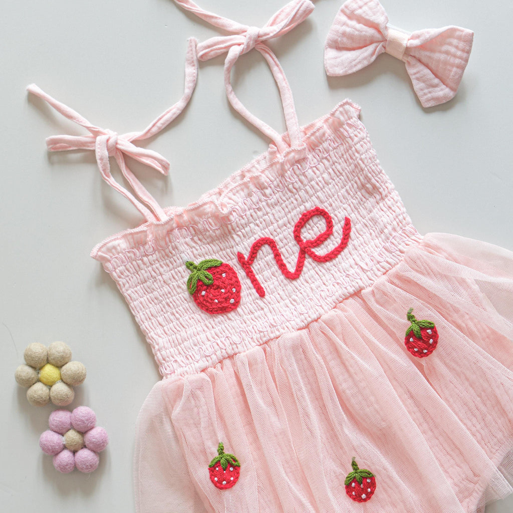 Hand-Embroidered Strawberry 1st Birthday Romper Dress: Personalized Heirloom Outfit