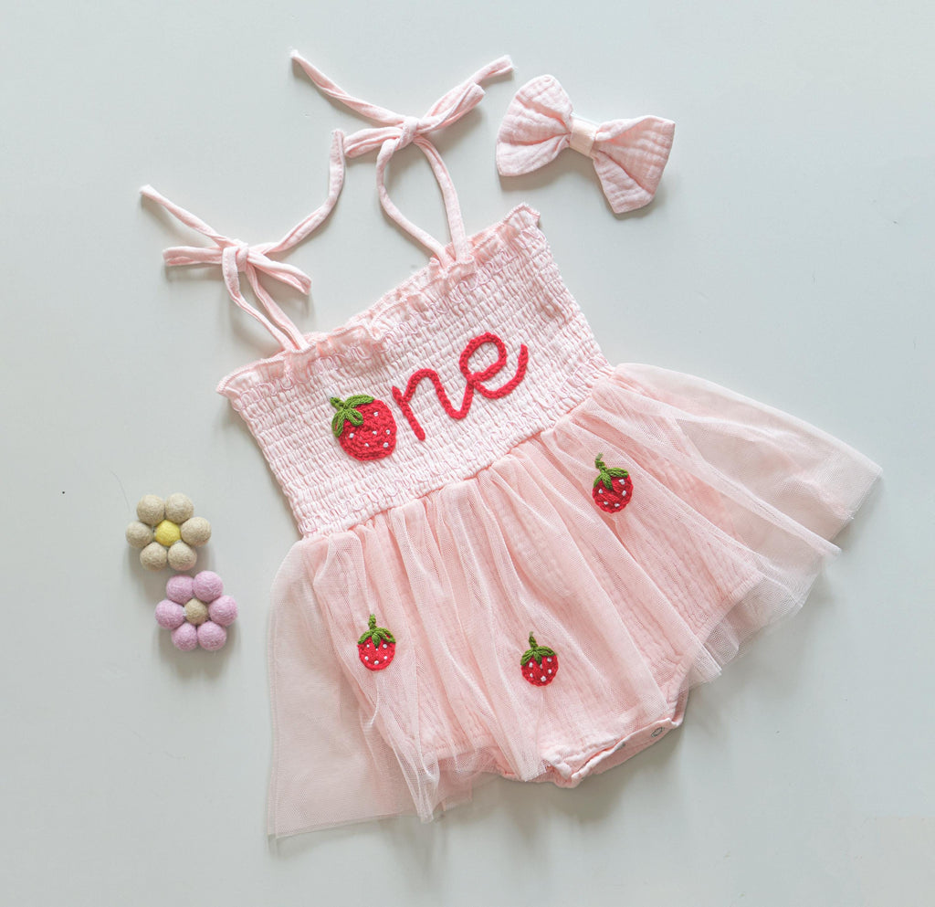 Hand-Embroidered Strawberry 1st Birthday Romper Dress: Personalized Heirloom Outfit