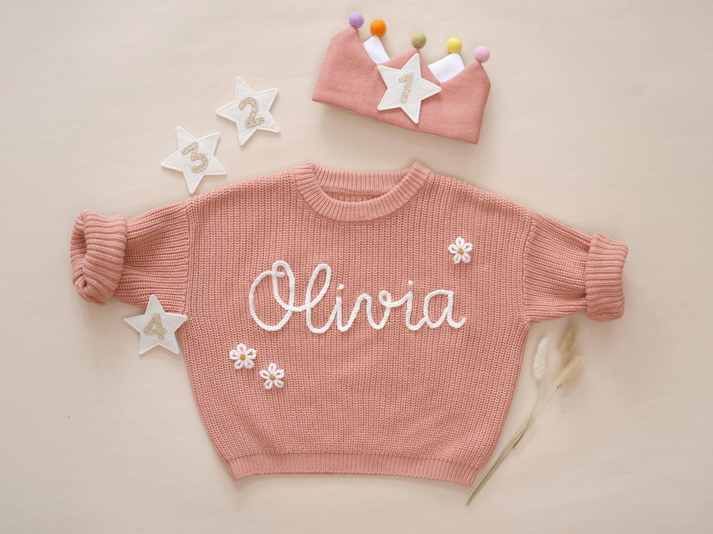 Custom Name Hand Embroidered Baby Sweater: First Birthday Outfit