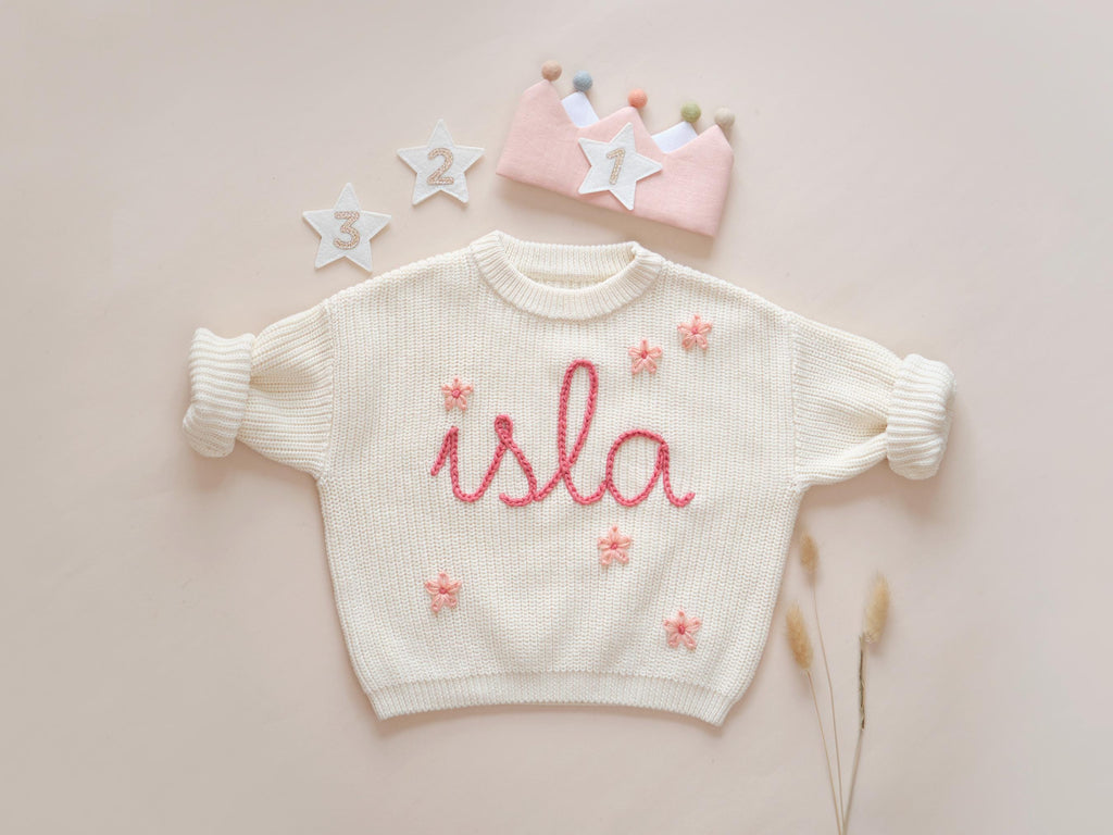 Custom Name Hand Embroidered Baby Sweater: First Birthday Outfit