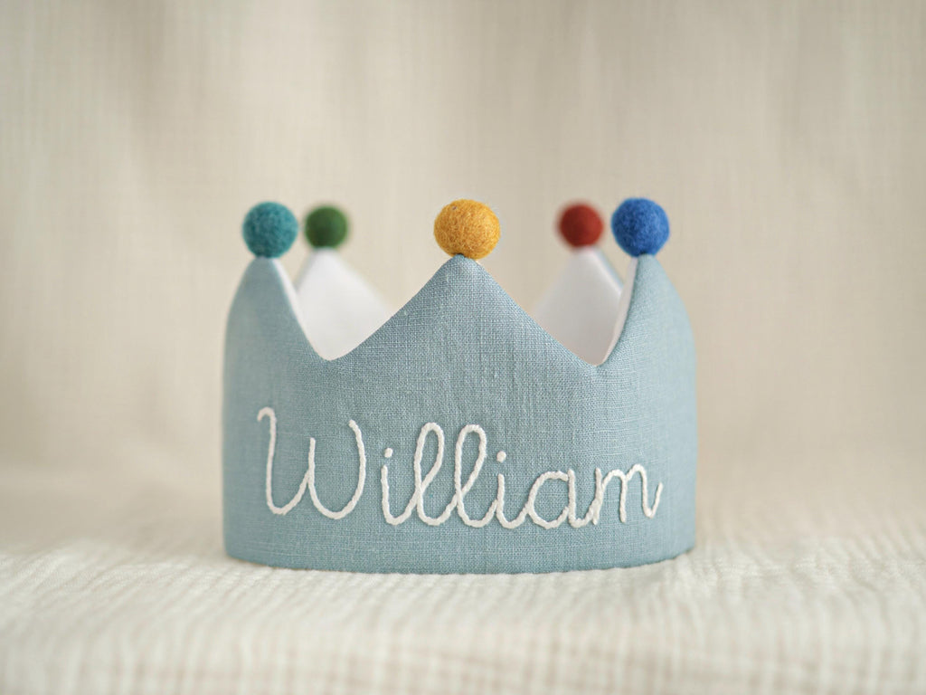 Hand Embroidered Linen Crown for Kids and Children's Birthdays, Personalized Gifts | Keepsake for First Birthday Party and Special Occasions