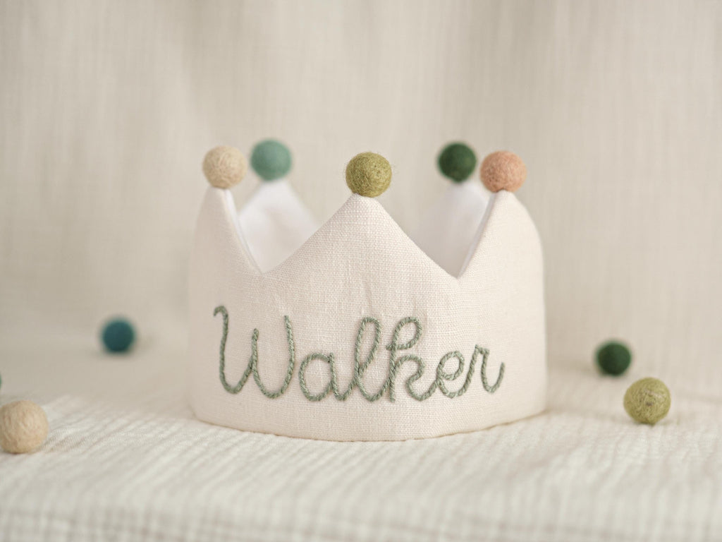 Hand Embroidered Linen Crown for Kids and Children's Birthdays, Personalized Gifts | Keepsake for First Birthday Party and Special Occasions
