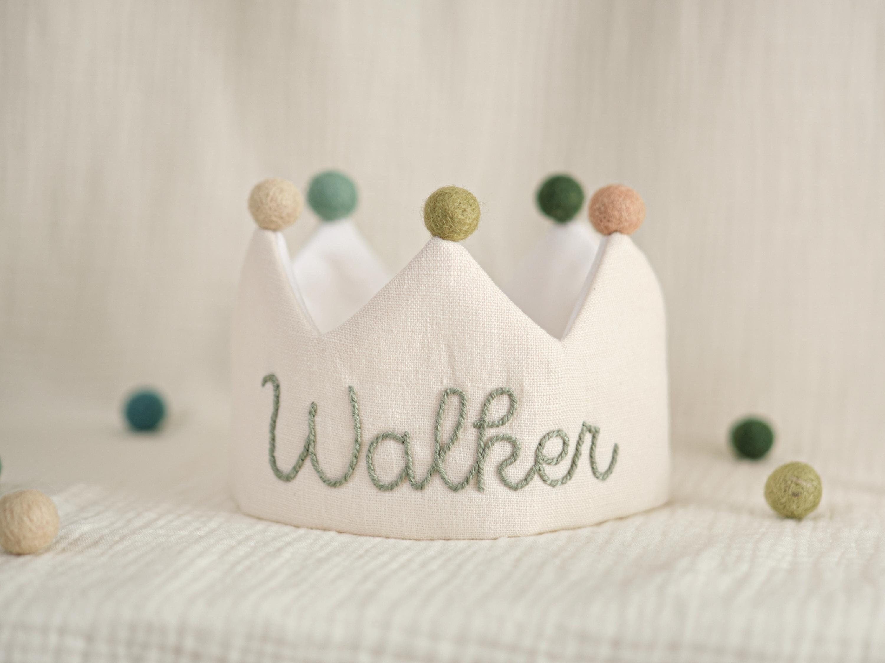 Hand Embroidered Linen Crown for Kids and Children's Birthdays, Personalized Gifts | Keepsake for First Birthday Party and Special Occasions