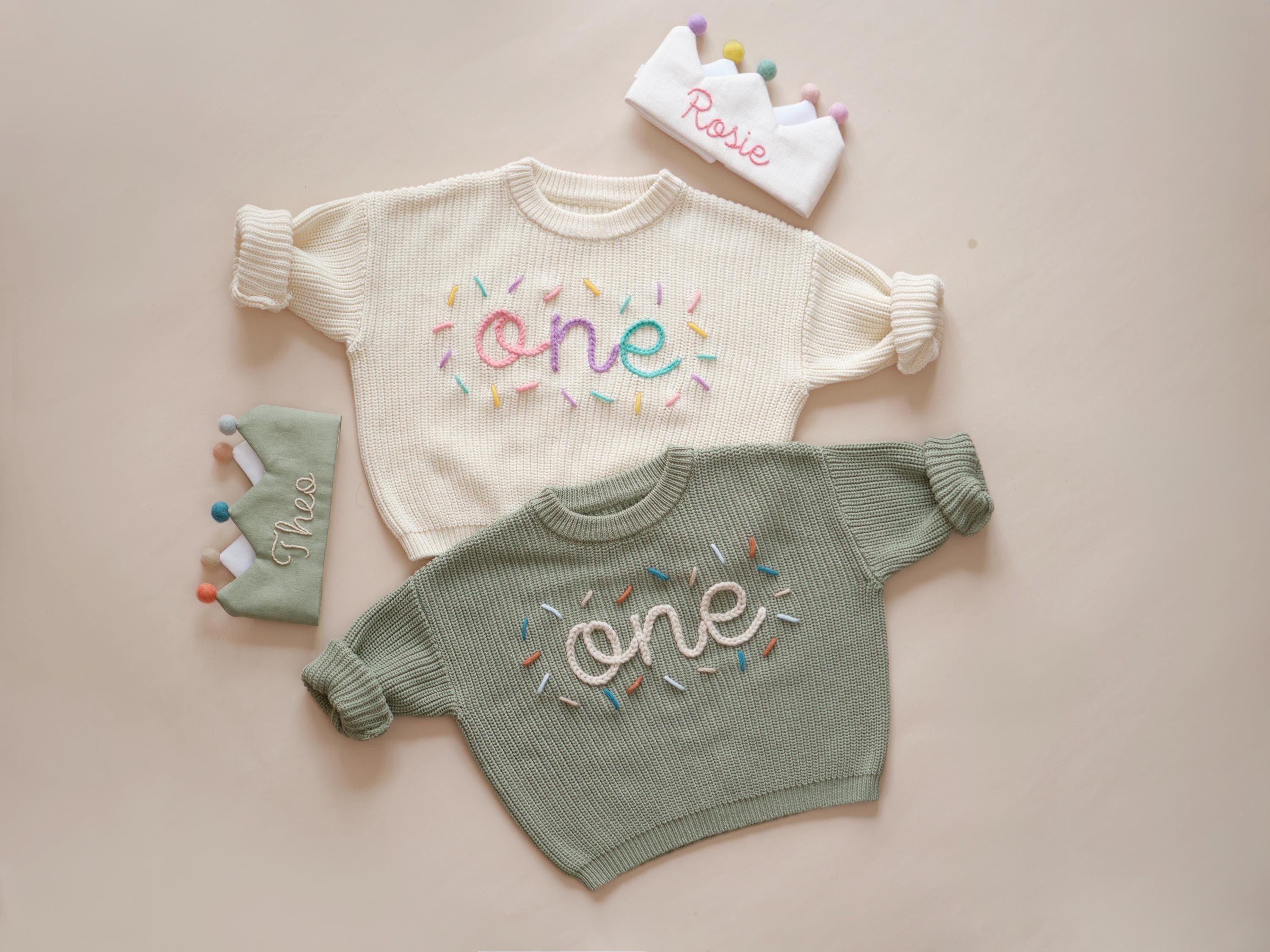 First Birthday Sweater, One Hand Embroidered Sweater, Fall and Winter Outfit, Custom Baby 1st Birthday, Personalized Boy and Girl Outfit