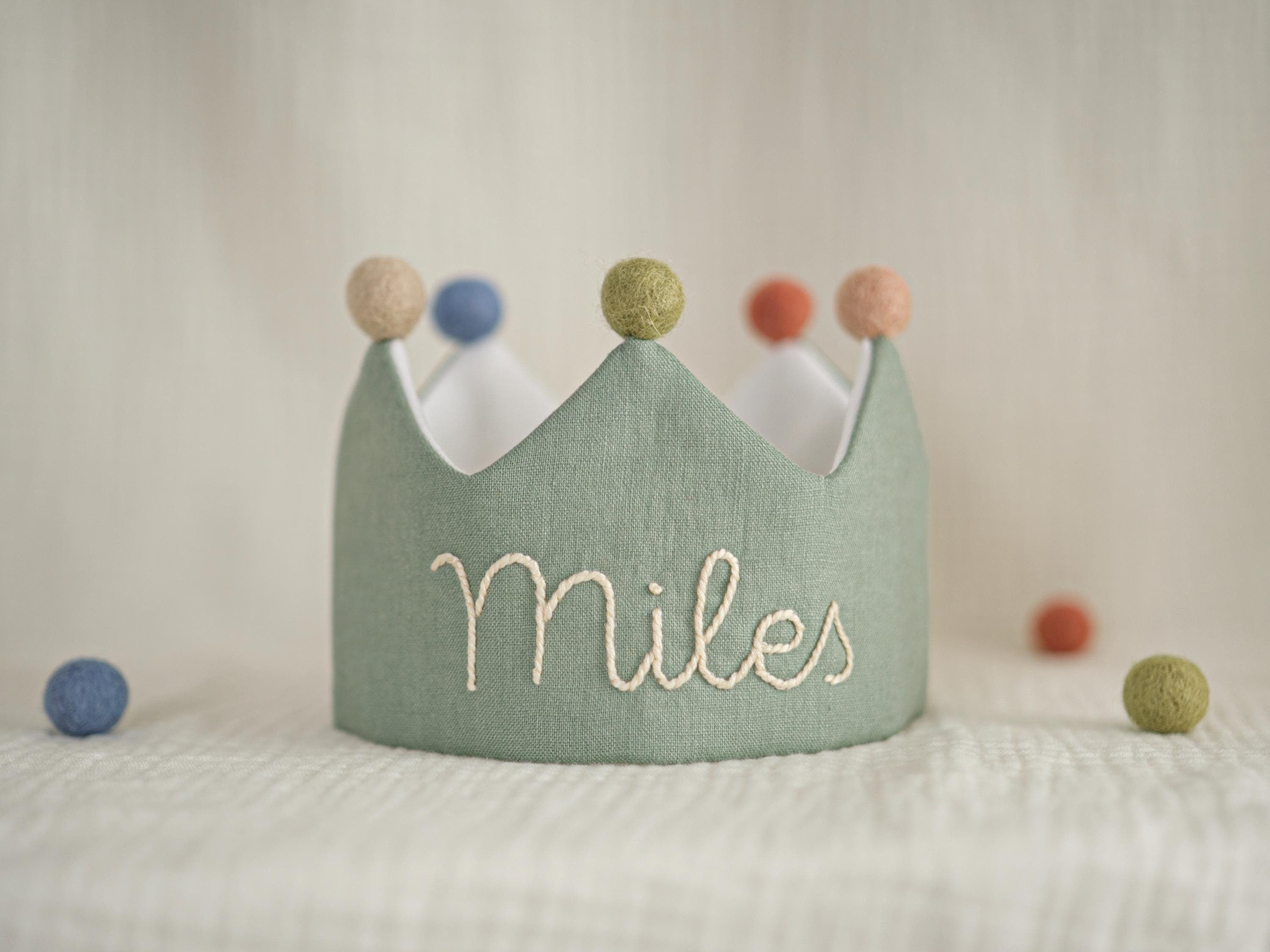Hand Embroidered Linen Crown for Kids and Children's Birthdays, Personalized Gifts | Keepsake for First Birthday Party | Neutral Birthday