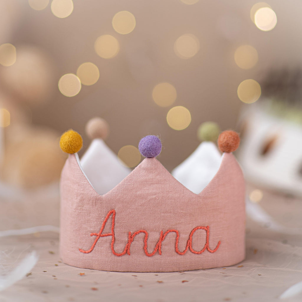 Hand Embroidered Linen Crown for Kids and Children's Birthdays, Personalized Gifts | Keepsake for First Birthday Party and Special Occasions