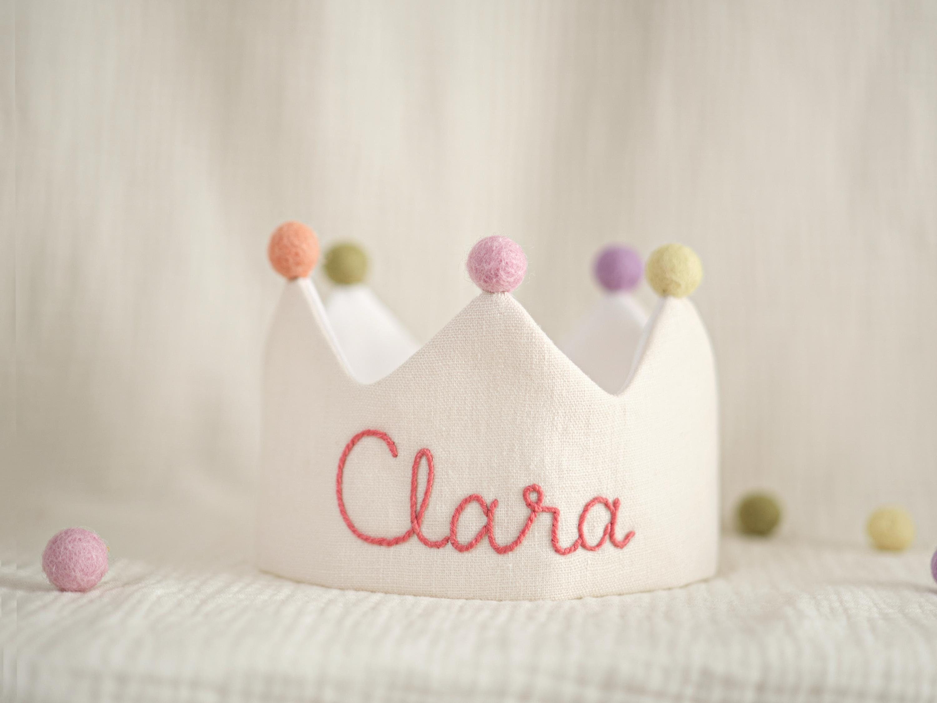 Hand Embroidered Linen Crown for Kids and Children's Birthdays, Personalized Gifts | Keepsake for First Birthday Party and Special Occasions