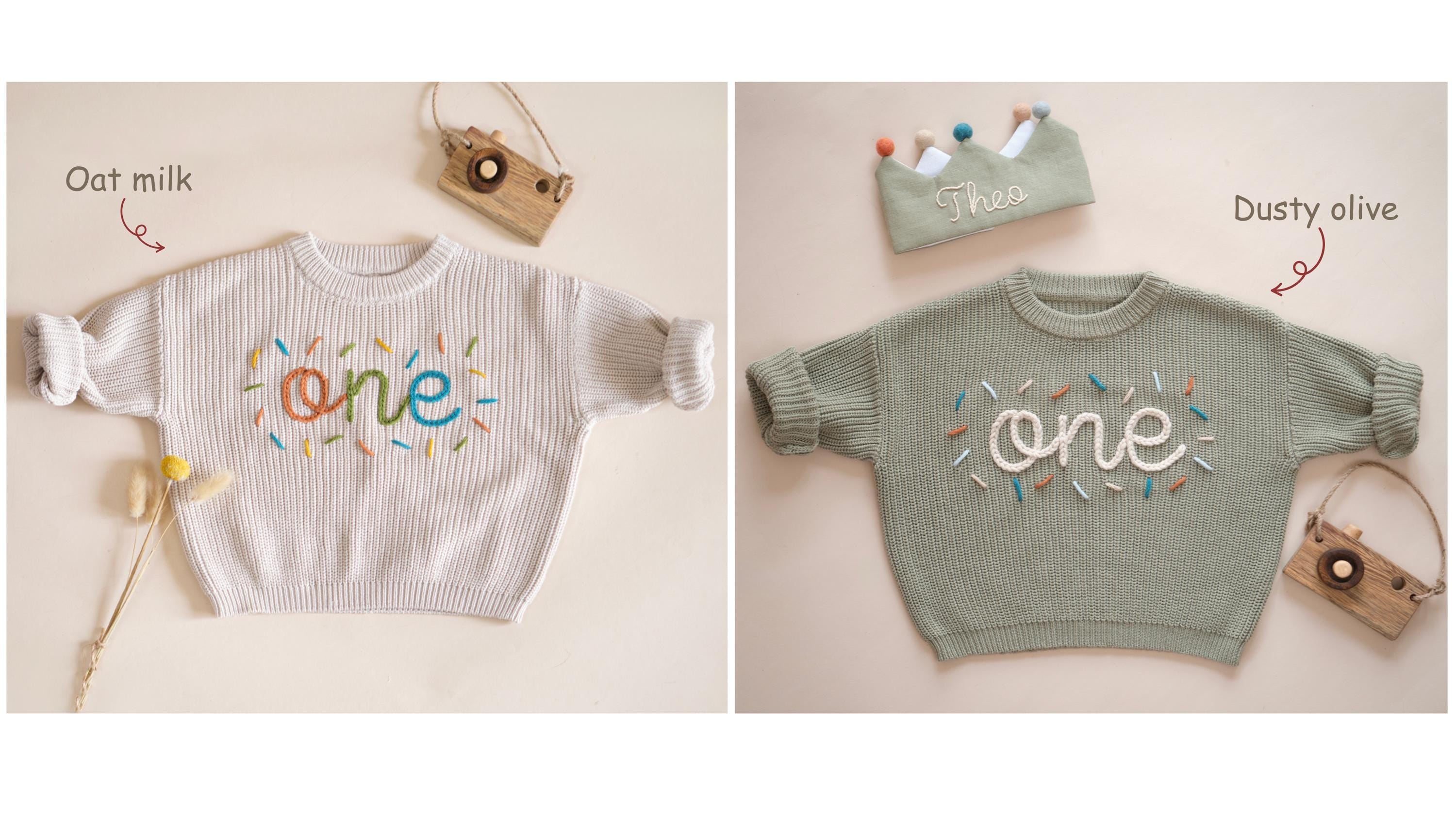First Birthday Sweater, One Hand Embroidered Sweater, Fall and Winter Outfit, Custom Baby 1st Birthday, Personalized Boy and Girl Outfit