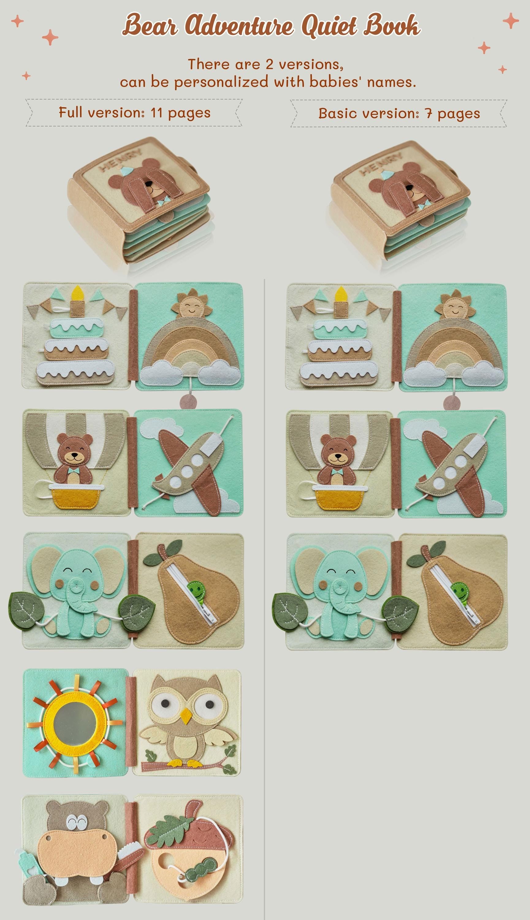 Personalized Teddy Bear baby shower gift, Bear Adventure busy book, Beary first birthday, handmade quiet book, soft Montessori-inspired toy