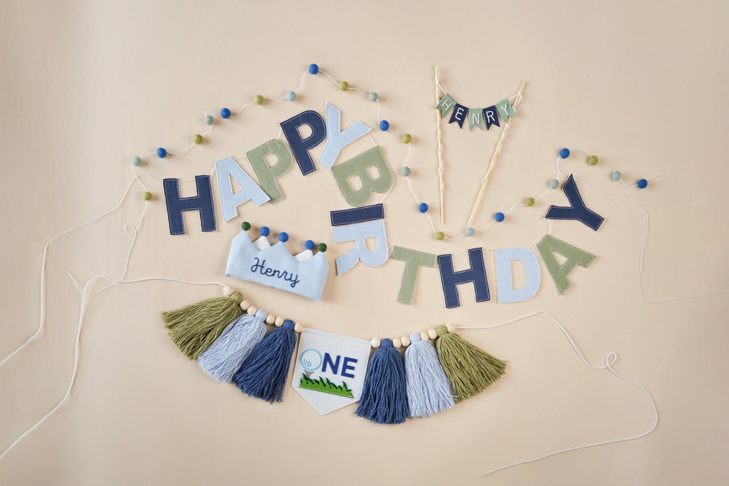 Hole in One 1st Birthday Linen & Felt Garland, Blue Green Happy Birthday Banner, Golf Theme, Boy 1st Birthday Party Decor, Sustainable