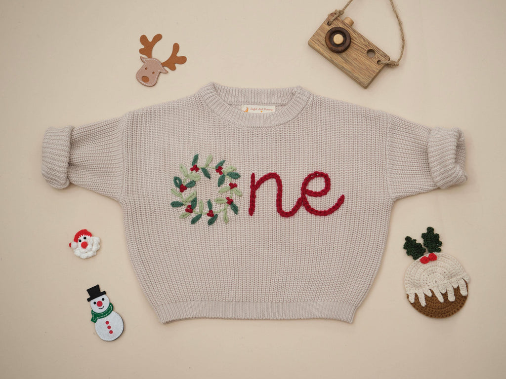 First Birthday Sweater, One Hand Embroidered Sweater, Fall and Winter Outfit, Custom Baby 1st Birthday, Personalized Boy and Girl Outfit
