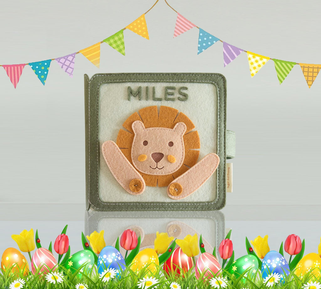 Personalized safari baby shower gift, wild lion first birthday gift, custom felt handmade activities and sensory toy, soft educational toys