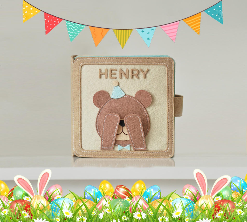 Personalized Teddy Bear baby shower gift, Bear Adventure busy book, Beary first birthday, handmade quiet book, soft Montessori-inspired toy