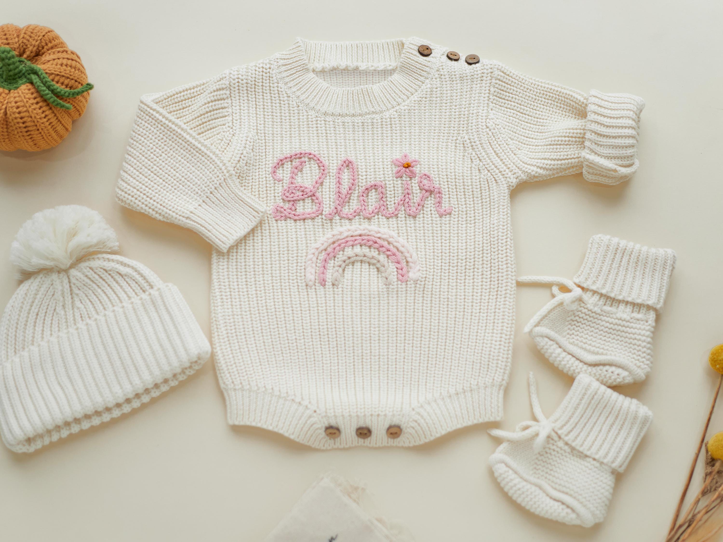 Personalized Newborn Sweater, Hand Embroidered Name Baby Romper, Custom Newborn Coming Home Outfit, Baby Newborn Outfit, Birth Announcement
