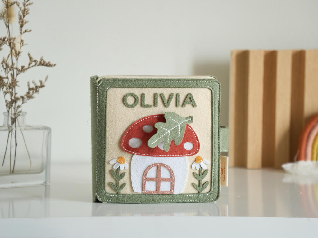 Personalized baby shower girl gifts, first birthday gift for baby, fairy garden mushroom felt book, custom handmade  activities play book