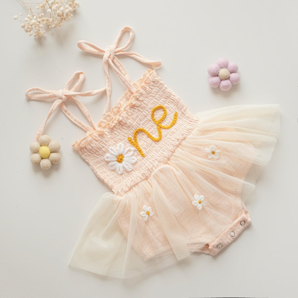 First Birthday Romper, 1st Birthday Outfit, Hand-embroidered One Romper, Personalized Baby Dress, Customized Baby Girl Dress, Gift for B-day